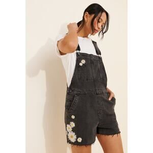 Free People Black Overalls Daisy Embroidered Shortalls XL NWT